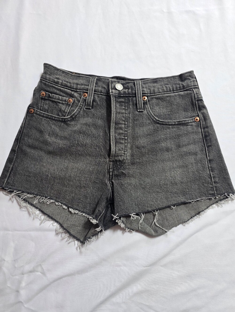 Levi's 501 Gray Black Cutoff Denim Shorts W24 Raw Hem Button Fly